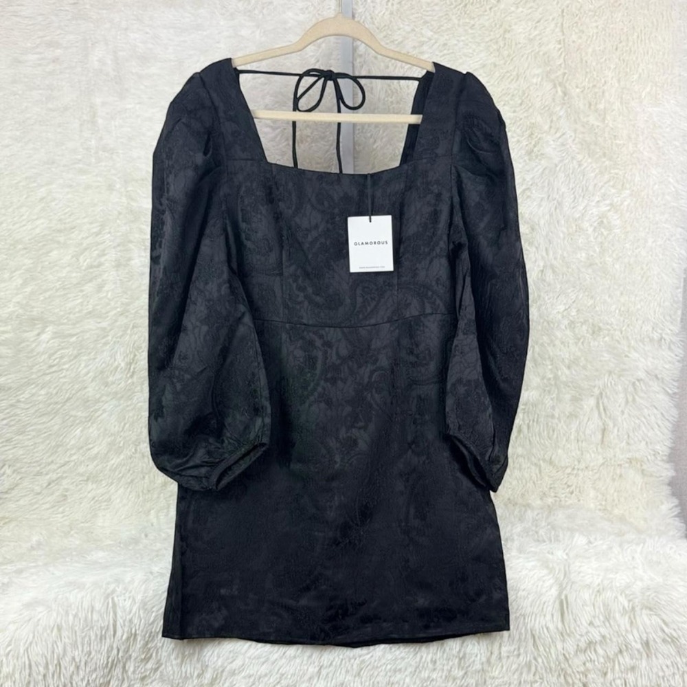 Glamorous Black Floral Jacquard Mini Dress Puff Sleeve Square Neck Size L NWT
